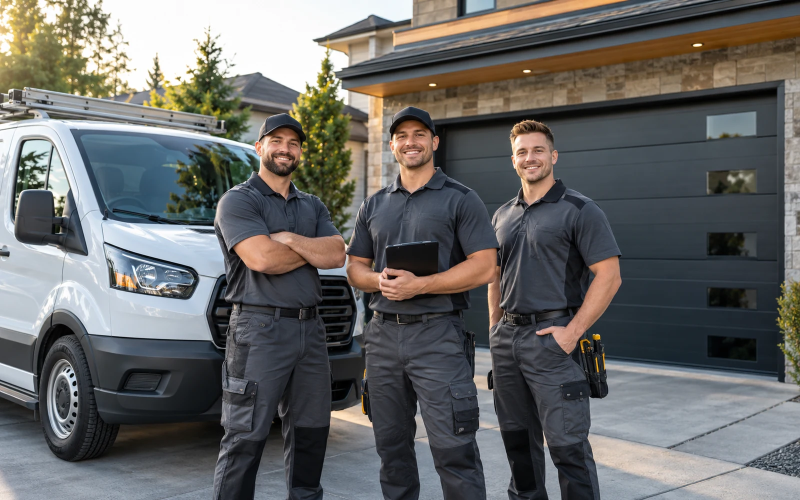 Garage door service team with service van at a residential property