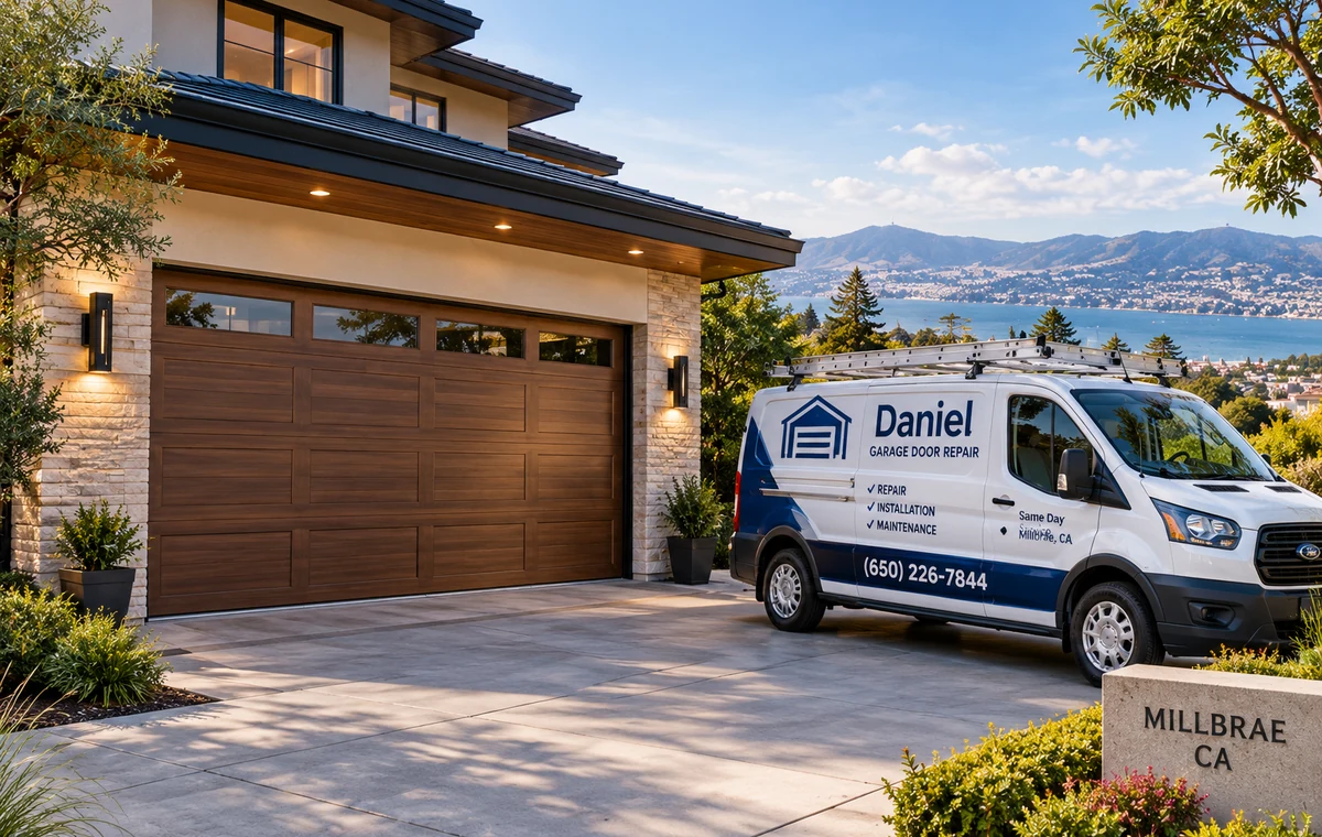 Daniel Garage Door Repair service van at a residential garage in Millbrae, California